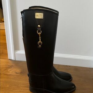 Black Rain Boots- (rubber/vinyl) Riding Boot style with Gold Accent
